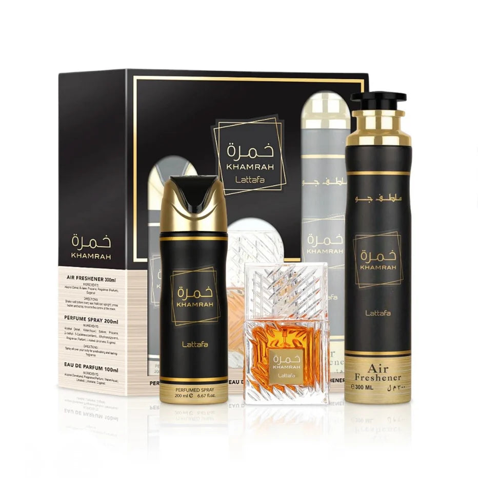 Lattafa Kit KHAMRAH Profumo, deodorante e deodorante ambiente - Confezione regalo